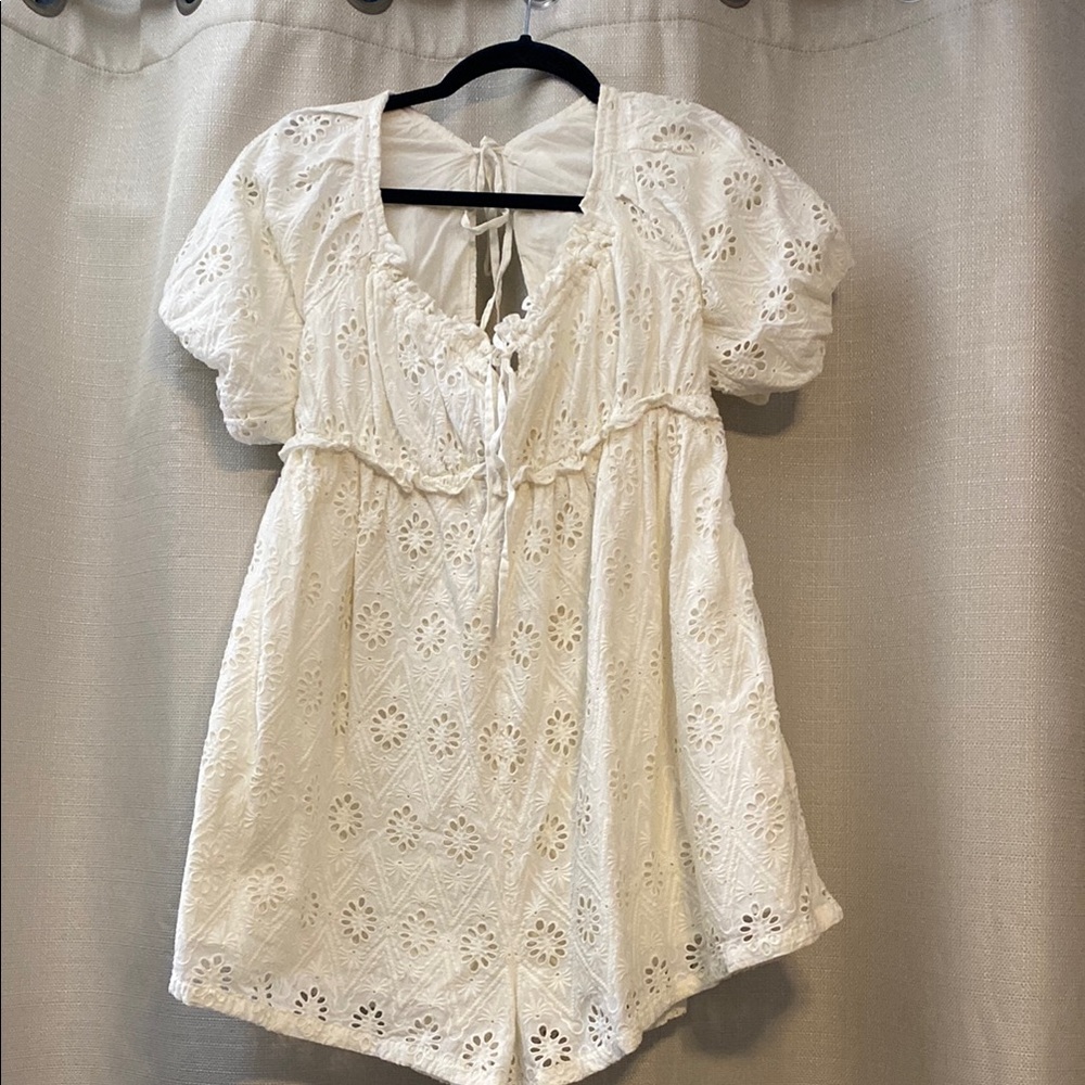 Pilcro Cream Smocked Puff Sleeve Jumpsuit